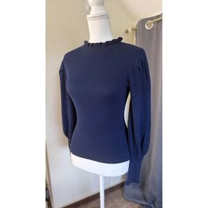 White House Black Market Navy Blue Ruffle Neck Puff Sleeve Cashmere Blend Top XS